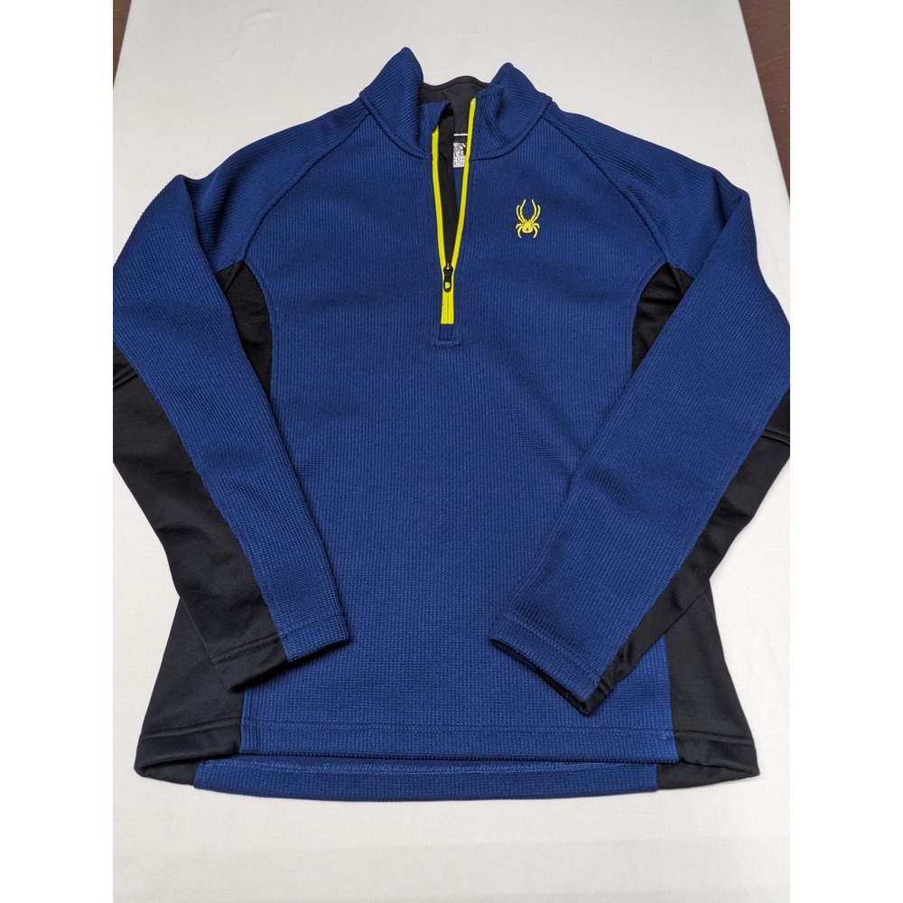 Spyder Mens 1/4 Zip Grid Fleece Pullover Blue Black Athletic Midlayer Size M